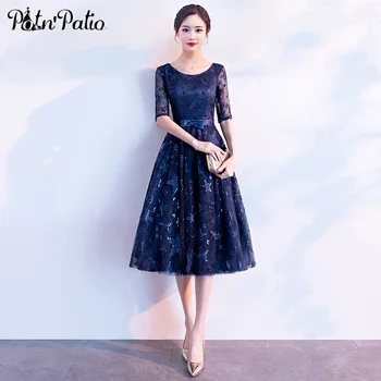 Elegantiškas Tamsiai Mėlyna Trumpos vakarinės Suknelės 2020 M O-kaklo-line Star Nėriniai Moterų Oficialią Suknelės Su Rankovėmis Plius Dydis