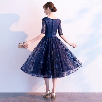 Elegantiškas Tamsiai Mėlyna Trumpos vakarinės Suknelės 2020 M O-kaklo-line Star Nėriniai Moterų Oficialią Suknelės Su Rankovėmis Plius Dydis
