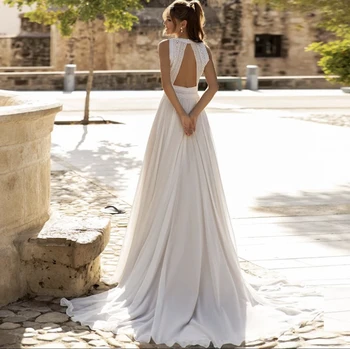 Elegantiškas Vestuvių Suknelė 2021-Line O-Kaklo Siuvinėjimas Rankovių Backless Organza Mygtuką Valyti Traukinio Nuotakos Suknelė Vestidos De Noiva