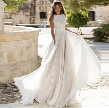 Elegantiškas Vestuvių Suknelė 2021-Line O-Kaklo Siuvinėjimas Rankovių Backless Organza Mygtuką Valyti Traukinio Nuotakos Suknelė Vestidos De Noiva