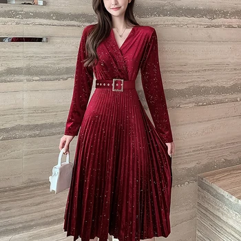 Elegantiškas Žiemos Aksomo Suknelė Moterims, Plisuotos Diržas V-Kaklo, Ilgomis Rankovėmis Rudens Prancūzijos Derliaus Juoda Raudona Mėlyna Blauzdos Ilgis Suknelės 2021