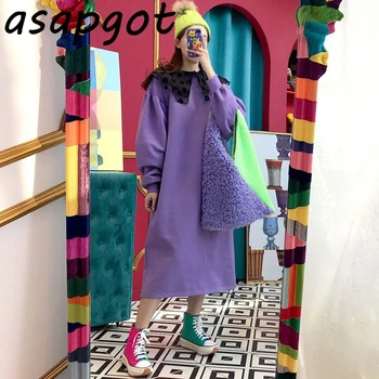 Elegantiškos Korėjos Violetinė Dot Peter Pan Apykaklės Kratinys Prarasti Žibintų Sleeve Sweater Dress Ilgai Kieto Medvilnės Hoodies Suknelė Atsitiktinis