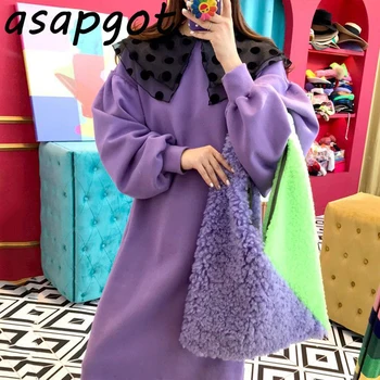 Elegantiškos Korėjos Violetinė Dot Peter Pan Apykaklės Kratinys Prarasti Žibintų Sleeve Sweater Dress Ilgai Kieto Medvilnės Hoodies Suknelė Atsitiktinis