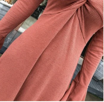 Elegantiškos Moterys Mezgimo Suknelė 2020 M. Rudenį, Žiemą V-Kaklo Blyksnius Rankovėmis Elastinga Juosmens Slim 
