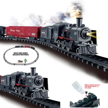 Elektros Geležinkelio Klasikinio Prekinio Traukinio Vandens Garo Lokomotyvą Playset su Dūmų Simuliacija Elektrinio Traukinio Įspūdį Žaislai