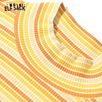 ELFSACK Originalus Grafinis Dryžuotas Atsitiktinis Megzti T-Shirt Moterims, Viršuje 2020 M. Rudenį ELF Derliaus Visą Rankovės Ponios Kasdien Slim Viršūnės