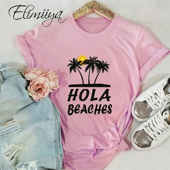Elimiiya S-5xl HOLA Paplūdimiai Print T shirt Moterims, Mada, T-Marškinėliai, medvilnė Viršūnes Tee Apvalios Kaklo Viršuje Ponios