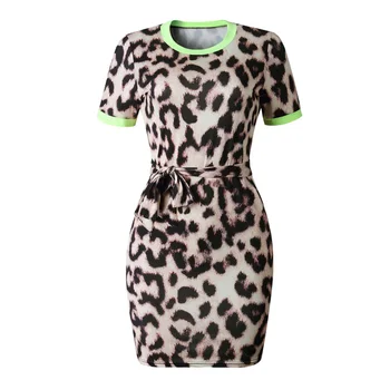 ELSVIOS Elegantiškas O-Kaklo trumpomis Rankovėmis Suknelė Moterims 2019 M. Vasarą Leopardas Spausdinti Slim Bodycon Mini Suknelė Mados Beach Party Dress Diržas