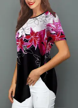 ETST WENDY Gėlių Spausdinti Ilgi marškinėliai-Nereguliarus trumpomis Rankovėmis Moterims Topai Vasaros Atsitiktinis Laisvi Marškinėliai Plonos Medvilnės Drabužiai Moterims