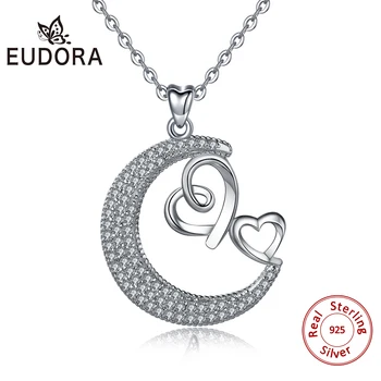 Eudora 925 Sterlingas sidabro Kubinis Cirkonis Mėnulis Pakabukas Du Širdies Kibirkšties Karoliai, aš Tave Myliu Stiliaus Romantiška Papuošalai Moterims D501