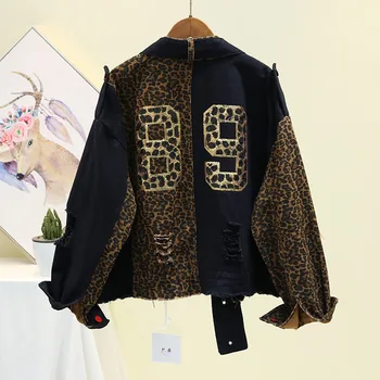 Europos Stiliaus Džinsinis Švarkas Moterims 2019 M. Rudenį Naujų Prarasti Trumpas Leopard Susiuvimo Blizgančiais Skaitmeninis Kailio Džinsinis Švarkas Streetwear