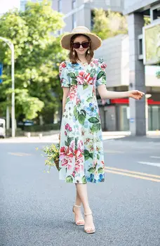 Europos Vasaros Dizaineris Atsitiktinis Pašaukimas Suknelė Moterų trumpomis Rankovėmis, Spalvinga Gėlių Spausdinti Lady Midi Resort Suknelė