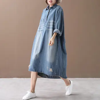 Extra Large Dydis Džinsinio Marškinėliai Moterims korėjos Drabužių Prarasti Vintage Mados Skylę ilgomis rankovėmis Atsitiktinis Džinsinio audinio Suknelė Plius Dydis Blusas f29