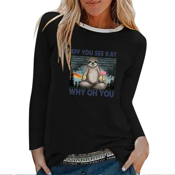 Ežf Matote Kay Kodėl Oh Tu Tinginys Print Long Sleeve T-shirts Moteris Rudens-Žiemos Grafinis Tees Estetinės Balta O Kaklo Ponios Viršūnės