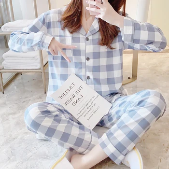 FallSweet Pledas Pižama Moterims Nustatyti Turn-žemyn Apykaklės Ponios Sleepwear ilgomis Rankovėmis Pyjama