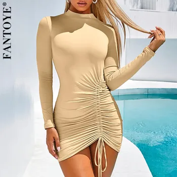 FANTOYE 2019 m. Rudenį Golfo Suknelė ilgomis Rankovėmis Ruched Kartus Raišteliu Šiltas Bodycon Suknelė Elegantiškas Šalies Moterų Suknelės, Vestidos