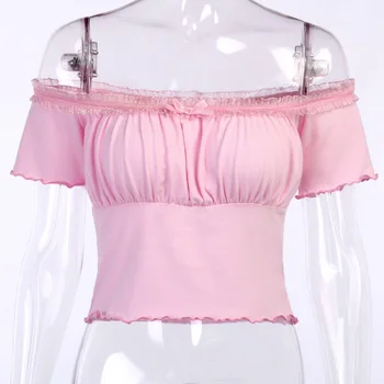 FASHSTREET Seksualus, Rožinės spalvos Nėrinių Sudurti Lankas Raukiniai Ruožas Marškinėliai 2020 Metų Vasaros Moterų Stebėjimo Ruched Apkarpyti Viršūnes Šalies Streetwear