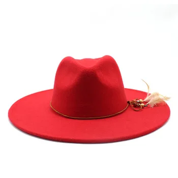 Fedora skrybėlės didelis kraštų 9.5 m vientisų spalvų juostos diržo, lyno plunksnų moterų skrybėlės prabanga panama džiazo kepurės oficialų žiemos lauko skrybėlės moterims