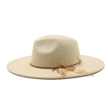 Fedora skrybėlės didelis kraštų 9.5 m vientisų spalvų juostos diržo, lyno plunksnų moterų skrybėlės prabanga panama džiazo kepurės oficialų žiemos lauko skrybėlės moterims