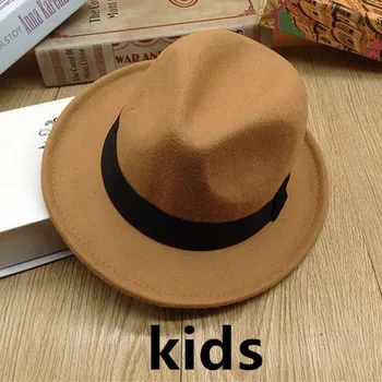 Fedora skrybėlės vaikams, vaikų platus kraštų veltiniai kietosios spalvos juosta juostos diržo oficialų atsitiktinis berniukų, mergaičių džiazo kepurės panama žieminės kepurės