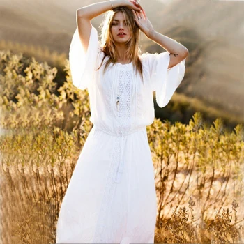 Fitshinling Raukiniai, nėriniai sudurti balta ilga suknelė rudens drabužių atostogų blyksnius rankovės raišteliu juosmens paplūdimio maxi suknelės moterims