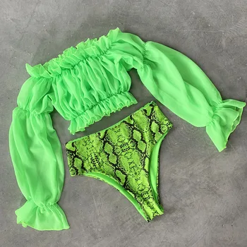 Fluorescencinė Žalia Viršaus Pridėti Leopard šortai Šviesus Dviejų vnt Stilių Sujungimas Aukšto Juosmens Bikini Neon Kalkių Šonkaulio Bikini Womens' maudymosi Kostiumėliai