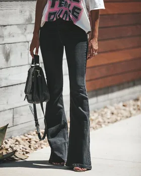 FNOCE 2020 m. rudens žiemos moterų naujus džinsus ziajać mados gatvė atsitiktinis aukšto juosmens ruožas laisvas plonas džinsinis audinys Flare kelnės