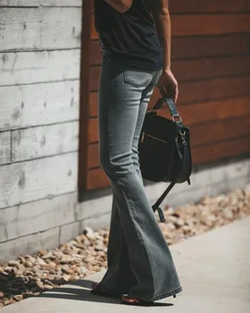 FNOCE 2020 m. rudens žiemos moterų naujus džinsus ziajać mados gatvė atsitiktinis aukšto juosmens ruožas laisvas plonas džinsinis audinys Flare kelnės
