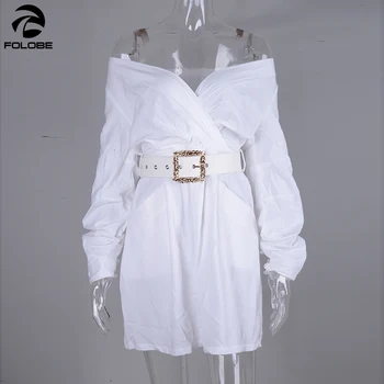 FOLOBE Off Peties Seksuali Suknelė Moterims Šalis, Rudens Dress 2020 M Ilgio Sluoksniuotos Rankovėmis Puošnus Diržas Baltos Suknelės Mini Wrap Suknelę Smėlio spalvos