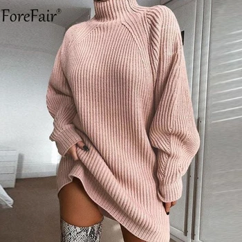 Forefair Golfo Long Sleeve Sweater Dress Moteris Rudens-Žiemos Purus Megzti Tunika Atsitiktinis Rausva Pilka Drabužių Kietas Suknelės