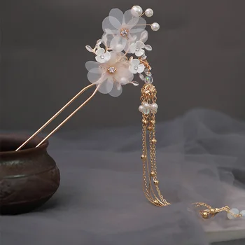 FORSEVEN Retro Tradicinės Gėlės Kristalų Imituojamas Perlai Ilgai Kutas plaukų segtukai, Plaukų Stick Įrašus Kinijos Nuotakos Plaukų Aksesuarai