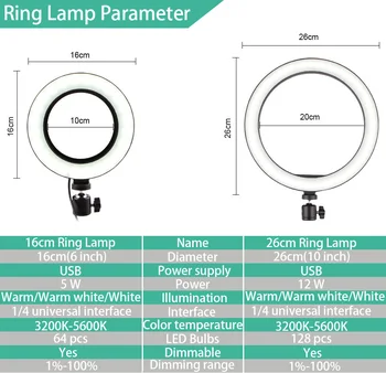 Fotografija Žiedas 16cm/26cm Lempos Pritemdomi LED Selfie Šviesos Žiedas su V-laikiklis Stalo Stovas Stovas Makiažas 