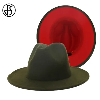 FS 60CM Skrybėlę Armijos Žalia Raudona Kratinys Vilnos Veltinio Fedora Skrybėlę, Su Raudonomis Kraštų Platus Žiemos Vyrai Moterys Didelis Kraštų Panama Trilby Džiazo Bžūp