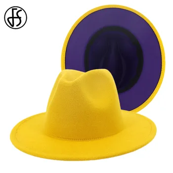 FS 60CM Skrybėlę Geltona Violetinė Kratinys Platus Kraštų Vilnos Veltinio Fedora Skrybėlės Moterų ir Vyrų Džiazo Kepurė Panama Kaubojus Trilby Derliaus Skrybėlės