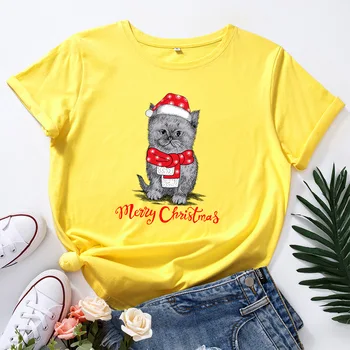 Funny Cat Atspausdintas Kalėdų Marškinėliai Moterims Trumpomis Rankovėmis Crewneck Harajuku Grafinis Tees Marškinėliai Kalėdų Dovana Viršūnės