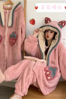 Furry Pižama Lady Rudenį, Žiemą, Su Skrybėlę Nightdress Skraiste Mielas Braškių Purus Homewear Nustatyti Vienos dalies Pižama Moterims f2473