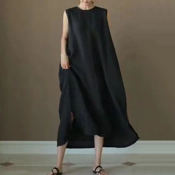 GALCAUR korėjos Minimalistinio Moterų Suknelė, O Kaklo, Rankovių Bako Pusės Split Maxi Vasaros Suknelės Moterų 2020 M. Atsitiktinis Mados Nauja