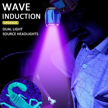 Galingas UV LED priekinis žibintas įkraunamas 4 režimas priartinimo violetinės/baltos šviesos žibintai UV Žibintuvėlis Galvos Žibintuvėlis skorpionas žūklės lempos