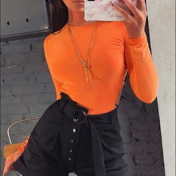 GAOKE Bodycon Seksualus Neon Orange Bodysuits Moterų Rudenį 2021 ilgomis Rankovėmis Kietosios Žiemos Pagrindinės Kūno Kostiumas Moterų, O Kaklo Juoda