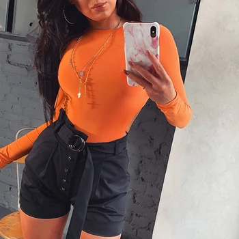 GAOKE Bodycon Seksualus Neon Orange Bodysuits Moterų Rudenį 2021 ilgomis Rankovėmis Kietosios Žiemos Pagrindinės Kūno Kostiumas Moterų, O Kaklo Juoda