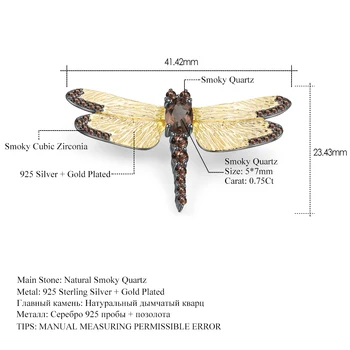 GEM BALETO 925 Sterling Skiedra Rankų darbo Dragonfly Sagės 1.05 Ct Gamtos Derliaus Dūminis Kvarcas Sagė Moterų Fine Jewelry