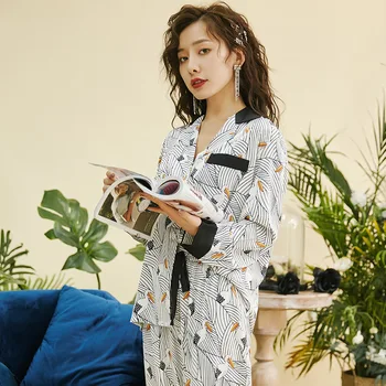 Genys Spausdinimas Šilko Pižama Moterims, Satino Pyjama Femme Sleepwear ilgomis Rankovėmis naktiniai drabužiai Tiktų Namuose Naujas 