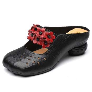GKTINOO 2020 metų Vasaros Folk Stiliaus natūralios Odos Moteriškos Šlepetės Moterims, Batai Originalus Vintage Minkšto Dugno Tuščiaviduriai Iš Gėlė, Sandalas
