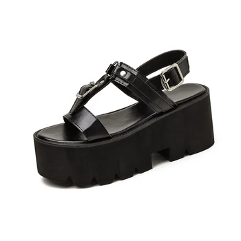 Gladiatorių sandalai moterims vasaros bateliai, Aukštakulniai juodos spalvos Platformos Basutės, Batai storu kulnu, sandalai, ponios batai, sandalai YMB172