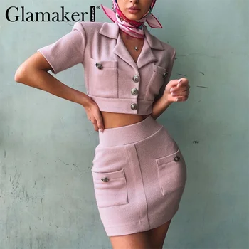 Glamaker E-girl 2 gabalas rinkinių, seksualus Pasėlių viršų ir tiesus sijonas visas rungtynes, moterų drabužiai Elegantiškas kišenėje atsitiktinis mados moterų rinkiniai
