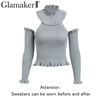 Glamaker Pynimas šalto pečių golfo seksualus megztinis Moterims apynasrio ilgomis rankovėmis megztinis Megztas backless vasaros šalis megztinis