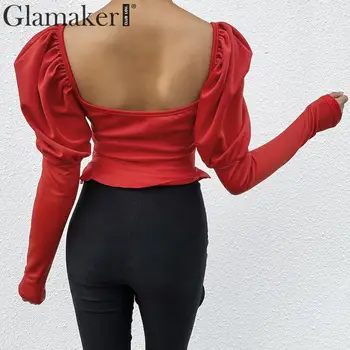 Glamaker Raudona elegantiškas sluoksniuotos rankovėmis megzti office palaidinė marškinėliai Moterims pavasario kratinys backless viršūnes Seksualus naktį šalies klubo marškinėlius