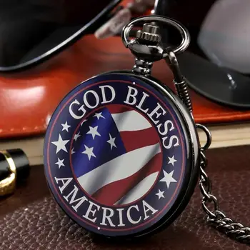 God Bless Amerika Kvarco Kišeninio Laikrodžio JAV Vėliavos Juostos Žvaigždės Nacionalinės Vympel, Vėliavos Jungtinių valstijų Grandinės Laikrodis Vyrams, Moterims