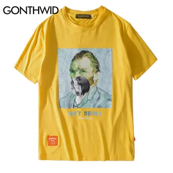 GONTHWID Juokinga Rūkymas Van Gogh T Shirts Streetwear Harajuku Stilius Mens Hip-Hop Street Tshirts 2020 Metų Vasaros Vyrų Mados Viršūnes Tee