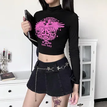 GOTH GIRL Grafinis Tees Moterų Gothic Punk Spausdinti Tutleneck ilgomis Rankovėmis Trumpą T-shirt Harajuku Streetwear Grunge Seksualus, Juodos spalvos Marškinėlius